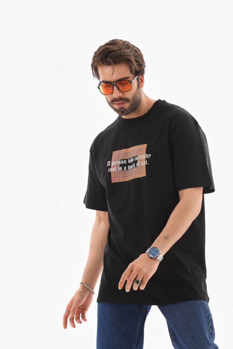 Erkek Baskılı T-Shirt Kısa Kol Bisiklet Yaka Regular Fit Rahat Kalıp Tişört -  Siyah