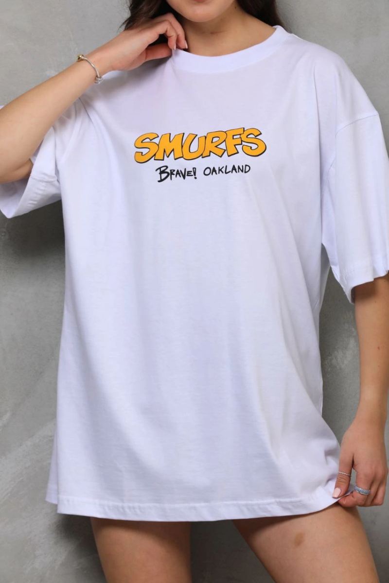 kadın Bisiklet Yaka Baskılı Oversize T-Shirt - Beyaz