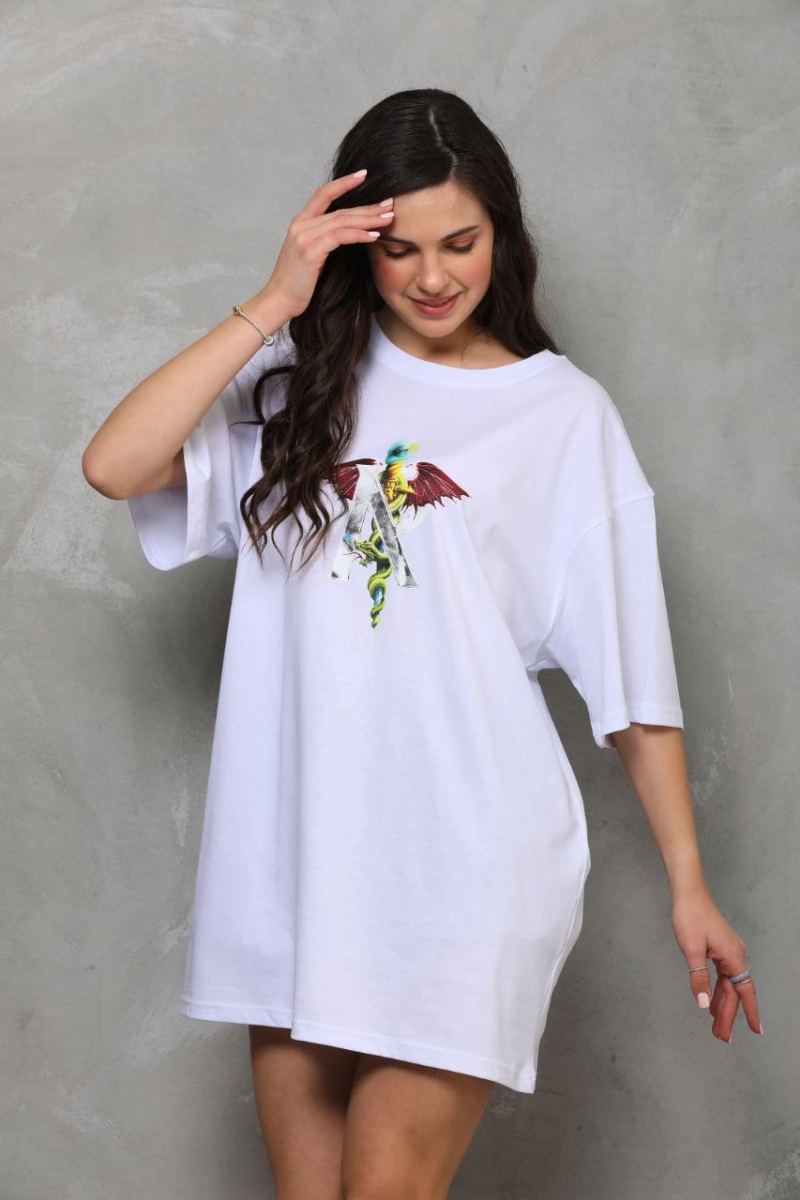 Kadın Baskılı T-Shirt Kısa Kol Bisiklet Yaka Regular Fit Rahat Kalıp Günlük Tişört - Beyaz