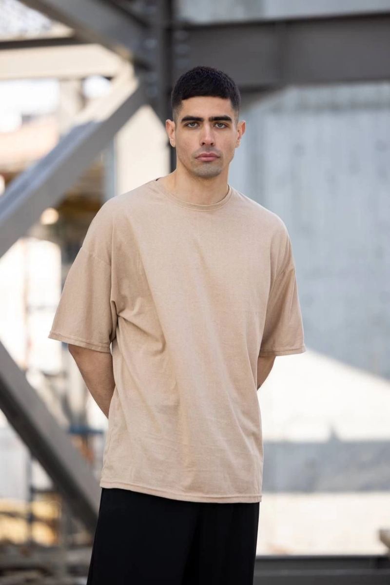 Erkek Düz T-Shirt Kısa Kol Bisiklet Yaka Regular Fit Rahat Kalıp Günlük Tişört - Bej