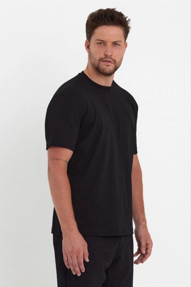 Erkek Düz T-Shirt Kısa Kol Bisiklet Yaka Regular Fit Rahat Kalıp Günlük Tişört - Siyah