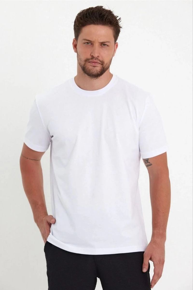 Erkek Düz T-Shirt Kısa Kol Bisiklet Yaka Regular Fit Rahat Kalıp Günlük Tişört - Beyaz