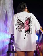 Kadın Kısa Kol Yazlık Tişört Bisiklet Yaka Kelebek Baskılı T-Shirt - Beyaz