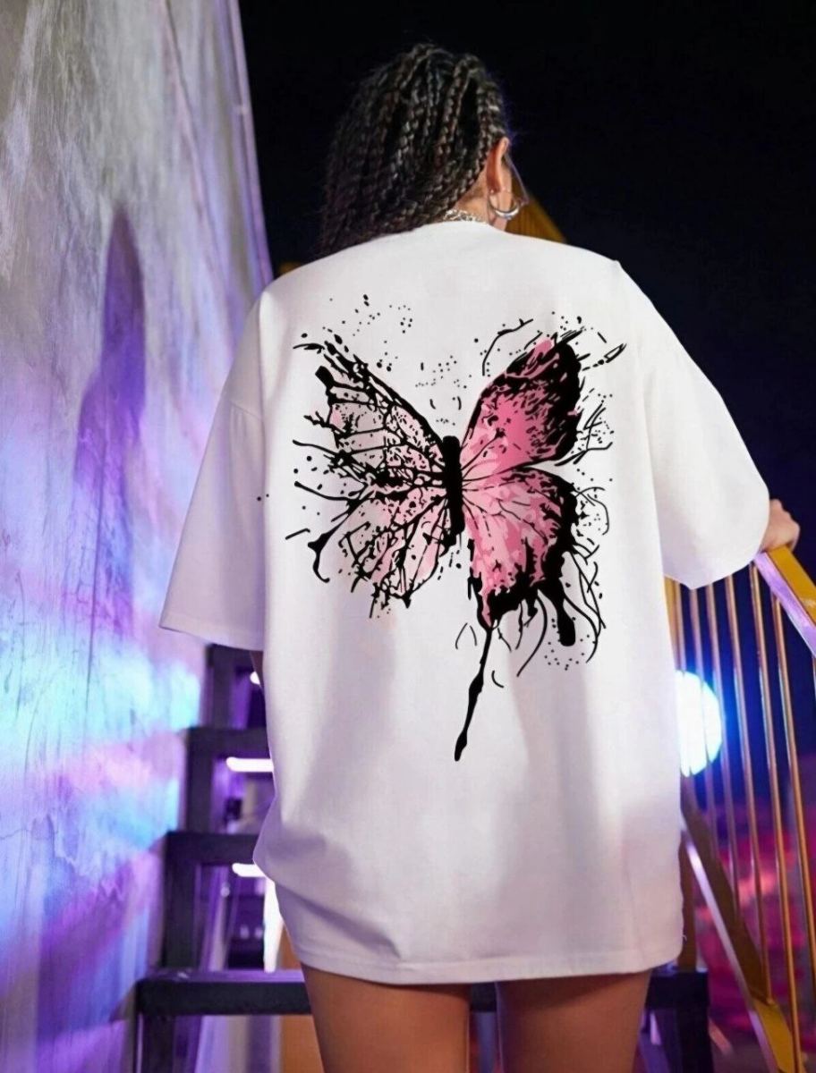 Kadın Kısa Kol Yazlık Tişört Bisiklet Yaka Kelebek Baskılı T-Shirt - Beyaz
