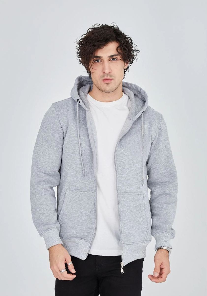 Erkek 3 İplik Pamuklu Kapüşonlu Tam Fermuarlı Cepli Hoodie Sweatshirt - Gri