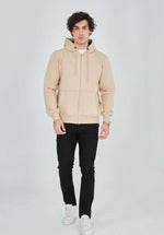 Erkek 3 İplik Pamuklu Kapüşonlu Tam Fermuarlı Cepli Hoodie Sweatshirt - Bej