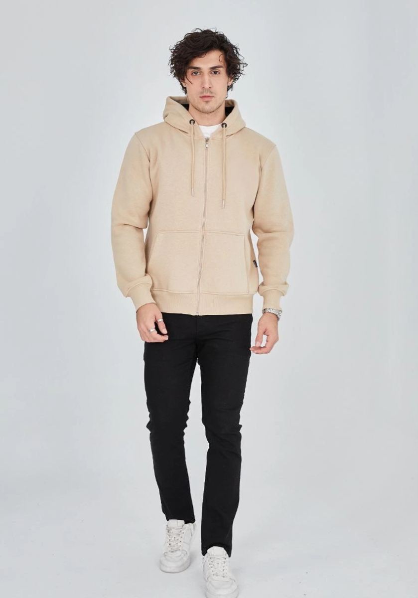 Erkek 3 İplik Pamuklu Kapüşonlu Tam Fermuarlı Cepli Hoodie Sweatshirt - Bej