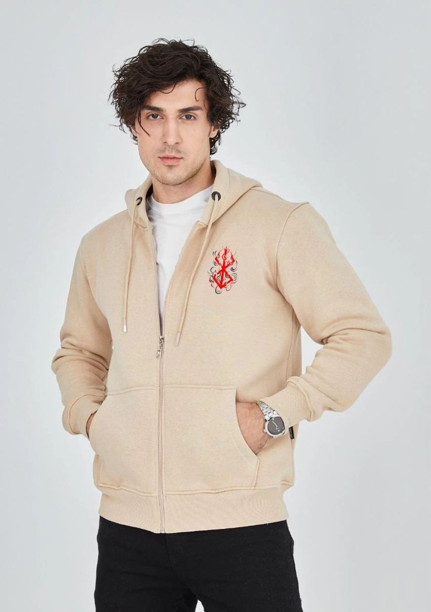 Erkek 3 İplik Pamuklu Kapüşonlu Tam Fermuarlı Cepli Hoodie Sweatshirt - Bej