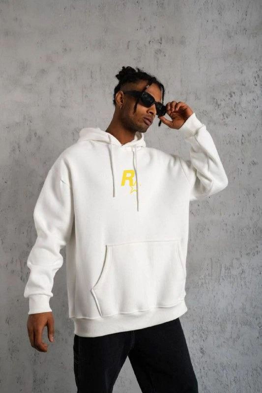 Erkek 3 İplik Pamuklu Kapüşonlu Baskılı Cepli Oversize Sweatshirt Hoodie - Beyaz