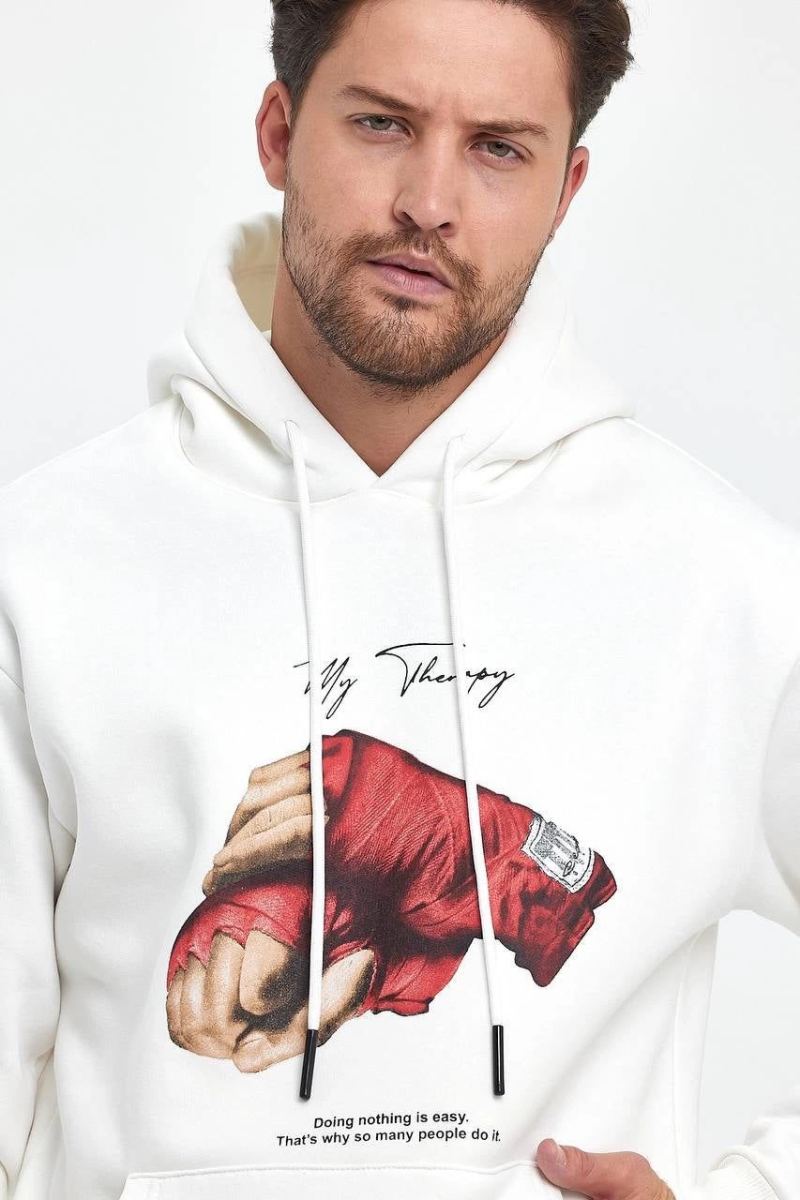 Erkek 3 İplik Pamuklu Kapüşonlu Cepli Box Eldiven Baskılı Hoodie Sweatshirt - Beyaz