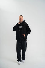 Erkek 3 İplik Pamuklu Kapüşonlu Baskılı Cepli Oversize Sweatshirt Hoodie - Siyah