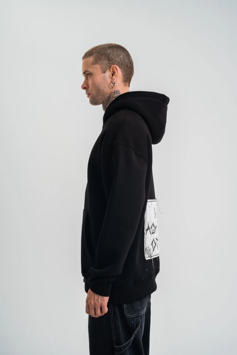 ERKEK 3 İplik Pamuklu Kapüşonlu Patchli Nakışlı Hoodie SweatShirt - Siyah