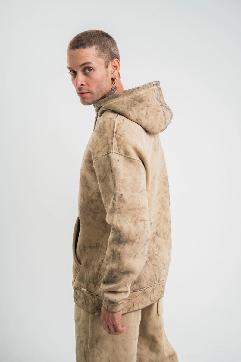 ERKEK 3 iplik Pamuklu Oversize Kapüşonlu Yıkamalı Hoodie SweatShirt - Bej