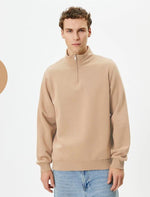Erkek 3 iplik Pamuklu Uzun Kol Yarım Farmuarlı Yakalı SweatShirt - Bej