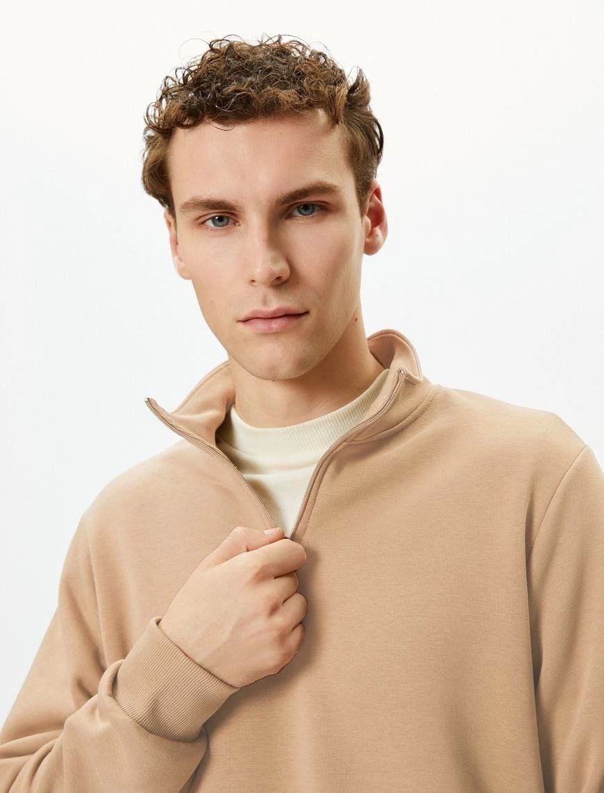 Erkek 3 iplik Pamuklu Uzun Kol Yarım Farmuarlı Yakalı SweatShirt - Bej