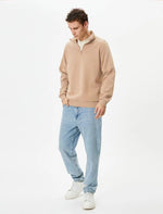Erkek 3 iplik Pamuklu Uzun Kol Yarım Farmuarlı Yakalı SweatShirt - Bej