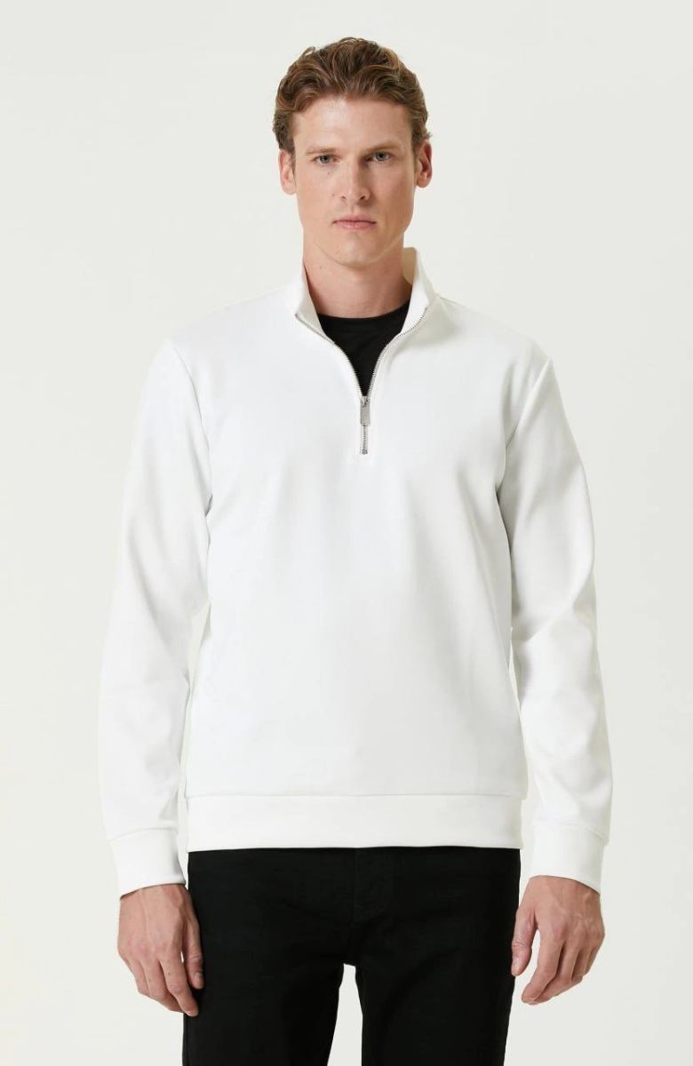 Erkek 3 iplik Pamuklu Uzun Kol Yarım Farmuarlı Yakalı SweatShirt - - Beyaz