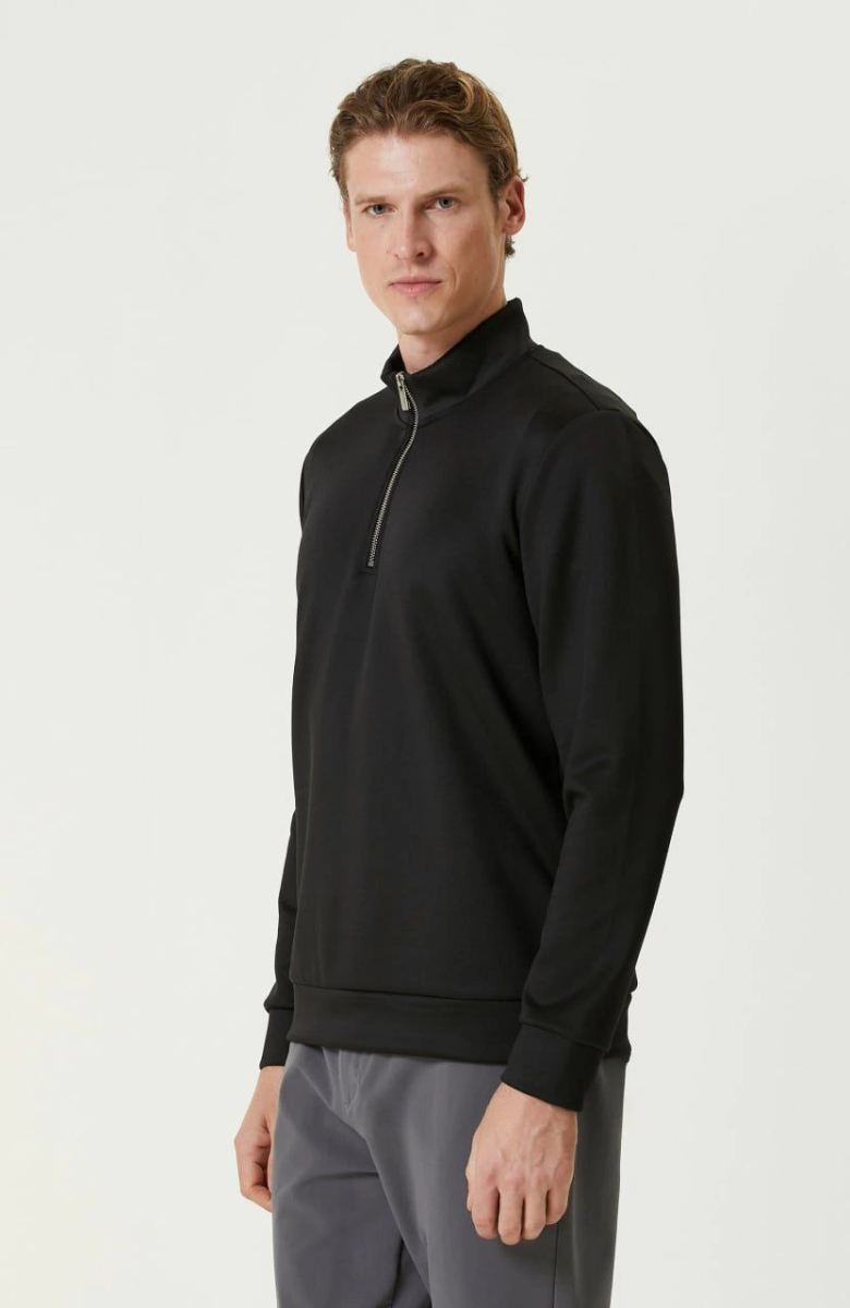 Erkek 3 iplik Pamuklu Uzun Kol Yarım Farmuarlı Yakalı SweatShirt - Siyah