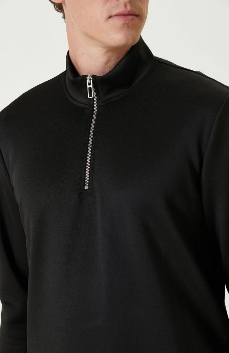 Erkek 3 iplik Pamuklu Uzun Kol Yarım Farmuarlı Yakalı SweatShirt - Siyah