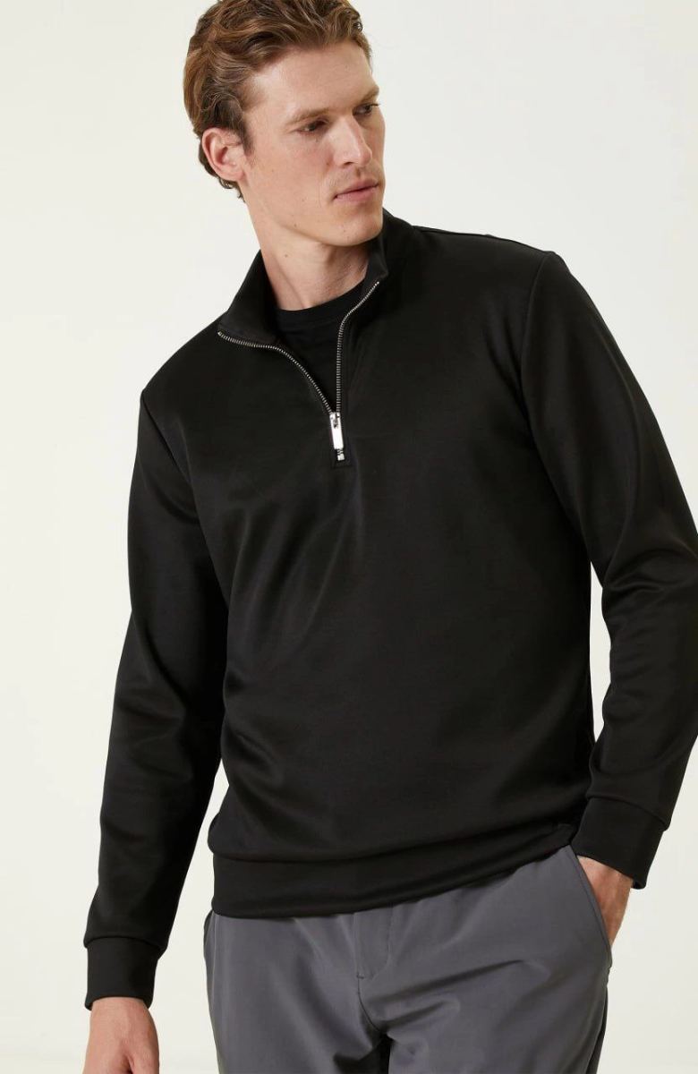 Erkek 3 iplik Pamuklu Uzun Kol Yarım Farmuarlı Yakalı SweatShirt - Siyah