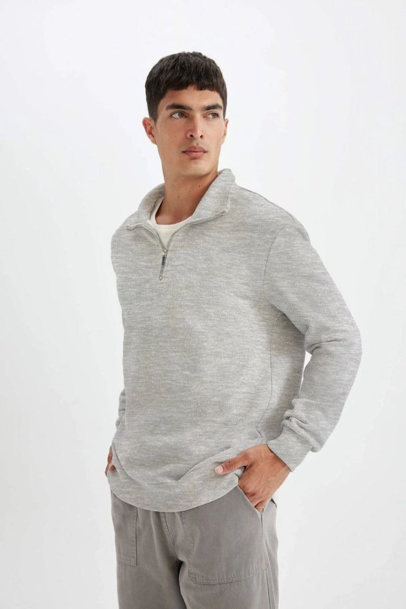 Erkek 3 iplik Pamuklu Uzun Kol Yarım Farmuarlı Yakalı SweatShirt - Gri