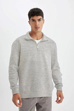 Erkek 3 iplik Pamuklu Uzun Kol Yarım Farmuarlı Yakalı SweatShirt - Gri
