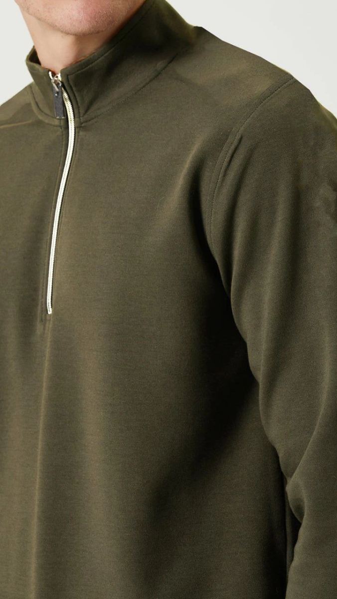 Erkek 3 iplik Pamuklu Uzun Kol Yarım Farmuarlı Yakalı SweatShirt - - Haki