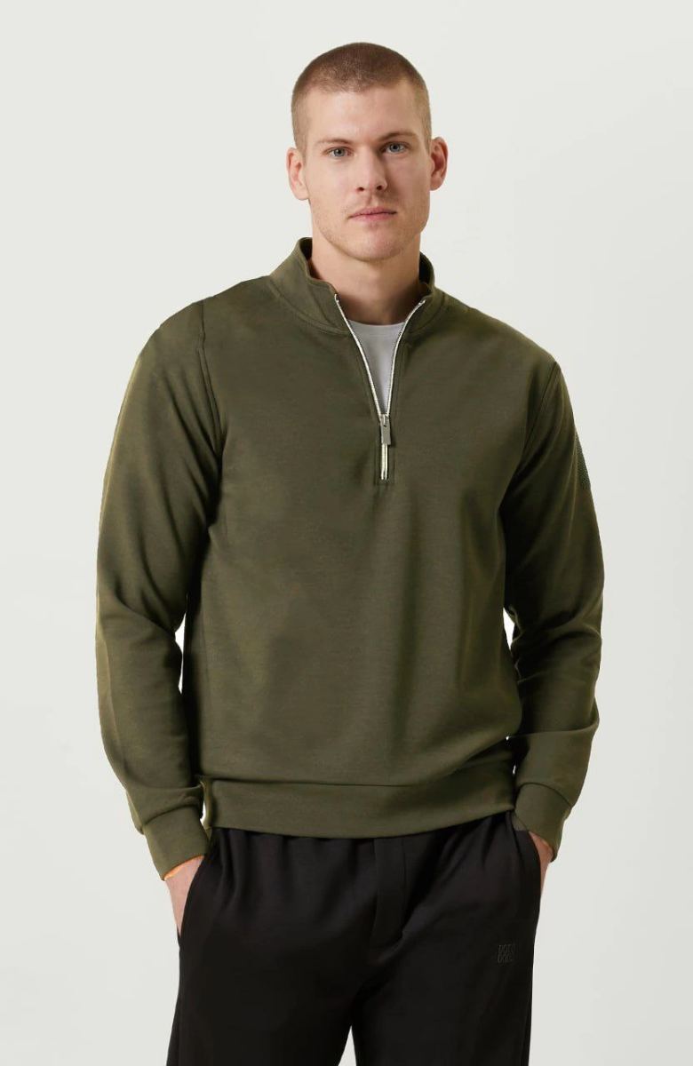 Erkek 3 iplik Pamuklu Uzun Kol Yarım Farmuarlı Yakalı SweatShirt - - Haki