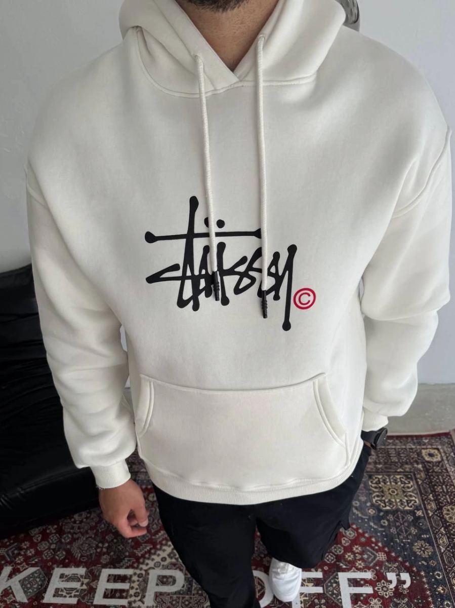 Erkek Üç İplik Kapşonlu Baskılı SweatShirt - Beyaz
