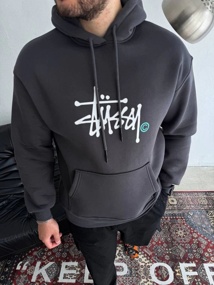 Erkek Üç İplik Kapşonlu Baskılı SweatShirt - Füme