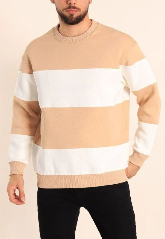 Erkek 3 iplik pamuklu Parçalı Bisiklet Yaka SweatShirt - Bej