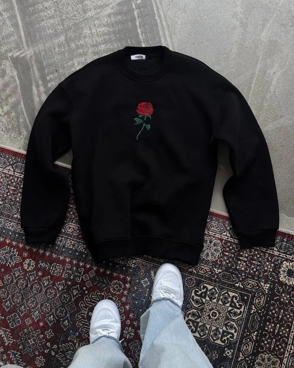 ERKEK 3 iplik Pamuklu Bisiklet Yaka Ön Ve Arka Baskılı SweatShirt - Siyah