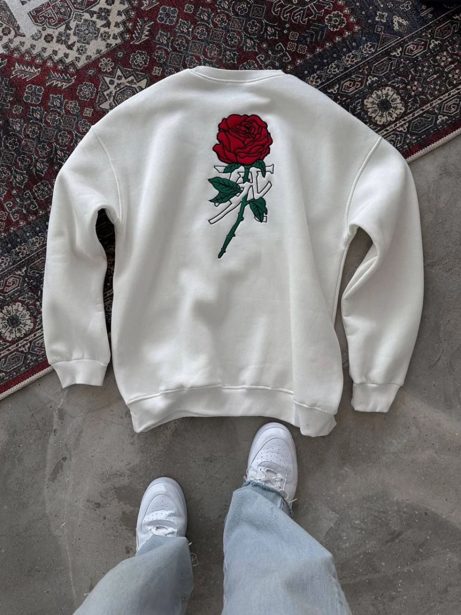 ERKEK 3 iplik Pamuklu Bisiklet Yaka Ön Ve Arka Baskılı SweatShirt -  Beyaz