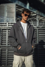 Erkek Tam Fermuarlı Cepli Kapüşonlu 3 iplik pamuklu hoodie Sweatshirt - Füme