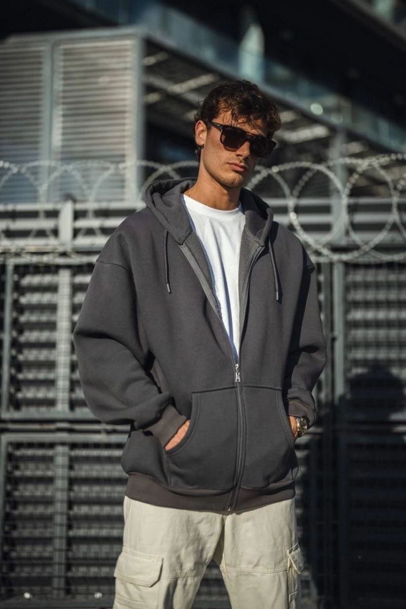 Erkek Tam Fermuarlı Cepli Kapüşonlu 3 iplik pamuklu hoodie Sweatshirt - Füme