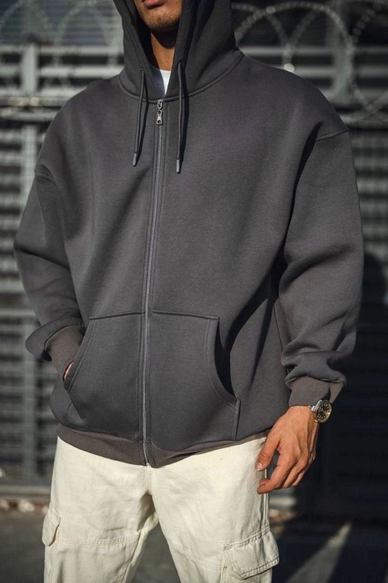 Erkek Tam Fermuarlı Cepli Kapüşonlu 3 iplik pamuklu hoodie Sweatshirt - Füme