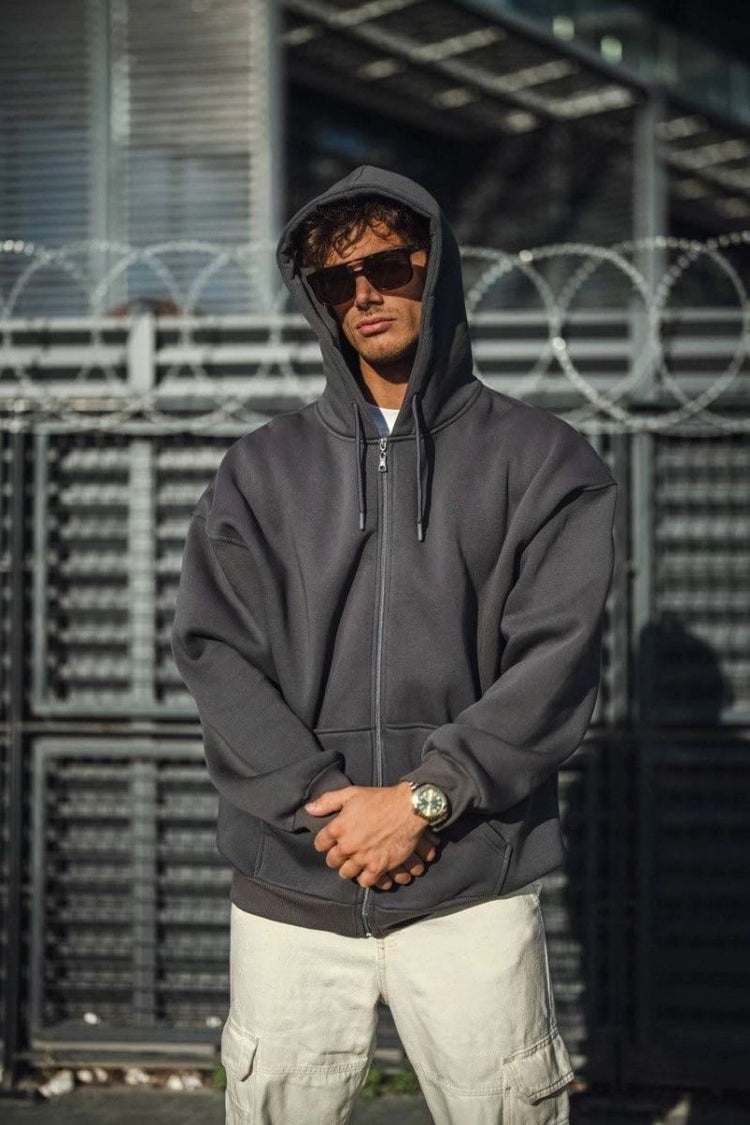 Erkek Tam Fermuarlı Cepli Kapüşonlu 3 iplik pamuklu hoodie Sweatshirt - Füme