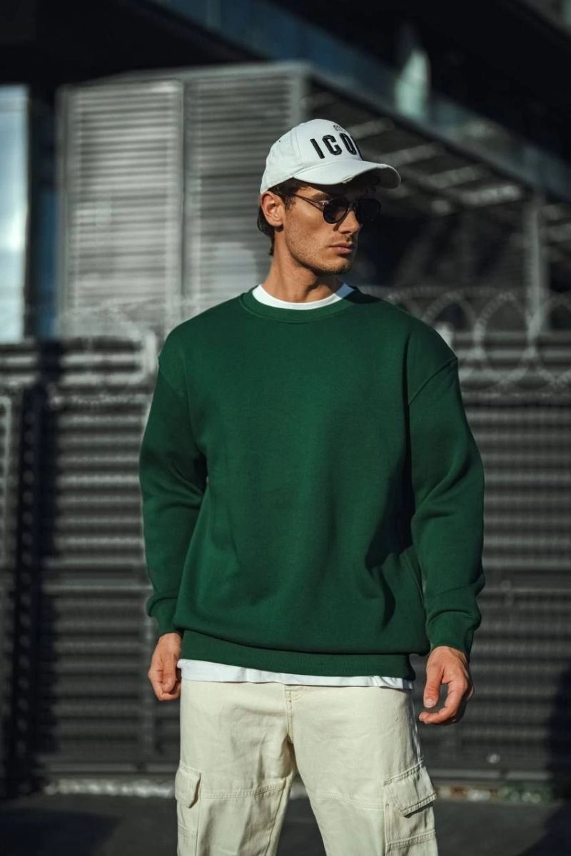 Erkek Bisiklet Yaka 3 İplik Pamuklu Basic SweatShirt - Haki