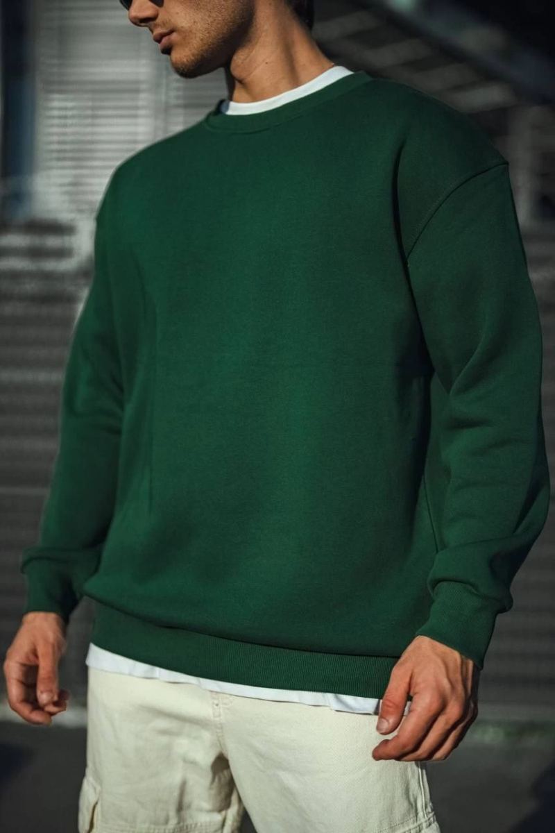Erkek Bisiklet Yaka 3 İplik Pamuklu Basic SweatShirt - Haki
