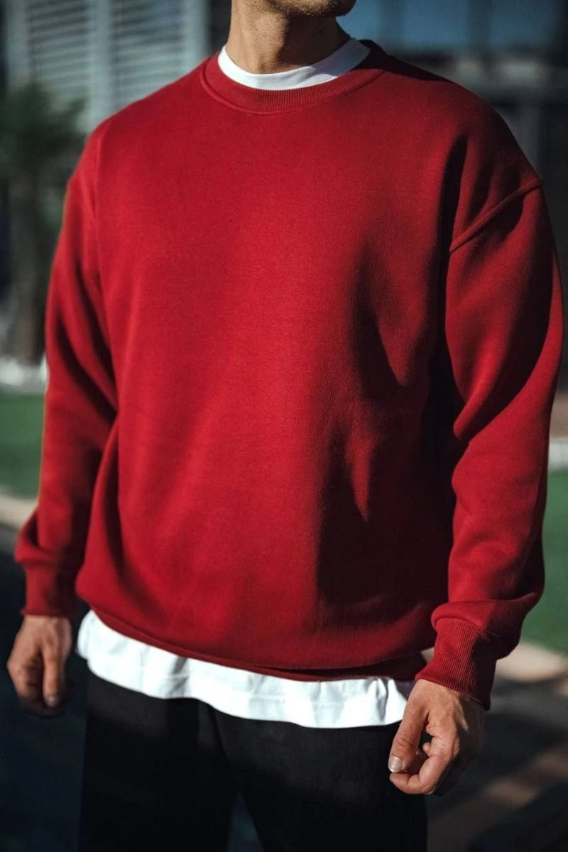 Erkek Kışlık Bisiklet Yaka Üç İplik Basic SweatShirt - Bordo
