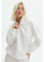 Kadın 3 İplik Pamuklu Oversize Yarım Fermuarlı Yakalı Basic Sweatshirt - Beyaz