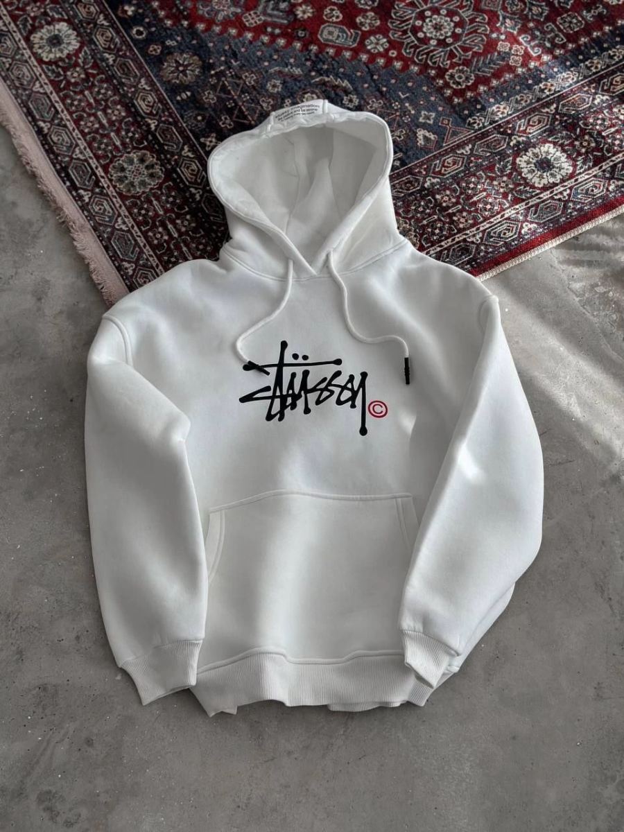 Kadın Oversize Kapüşonlu Cepli Baskılı 3 İplik Pamuklu Hoodie Sweatshirt - Beyaz