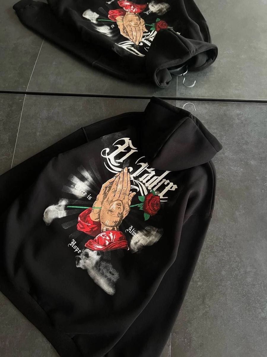 Kadın Oversize Kapüşonlu Cepli Baskılı 3 İplik Pamuklu Hoodie Sweatshirt - Siyah