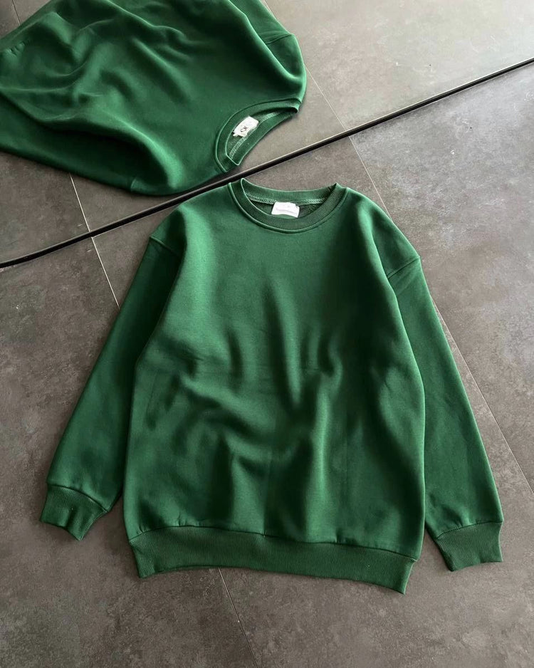 Kadın Kışlık Bisiklet Yaka Üç İplik Basic SweatShirt - Haki