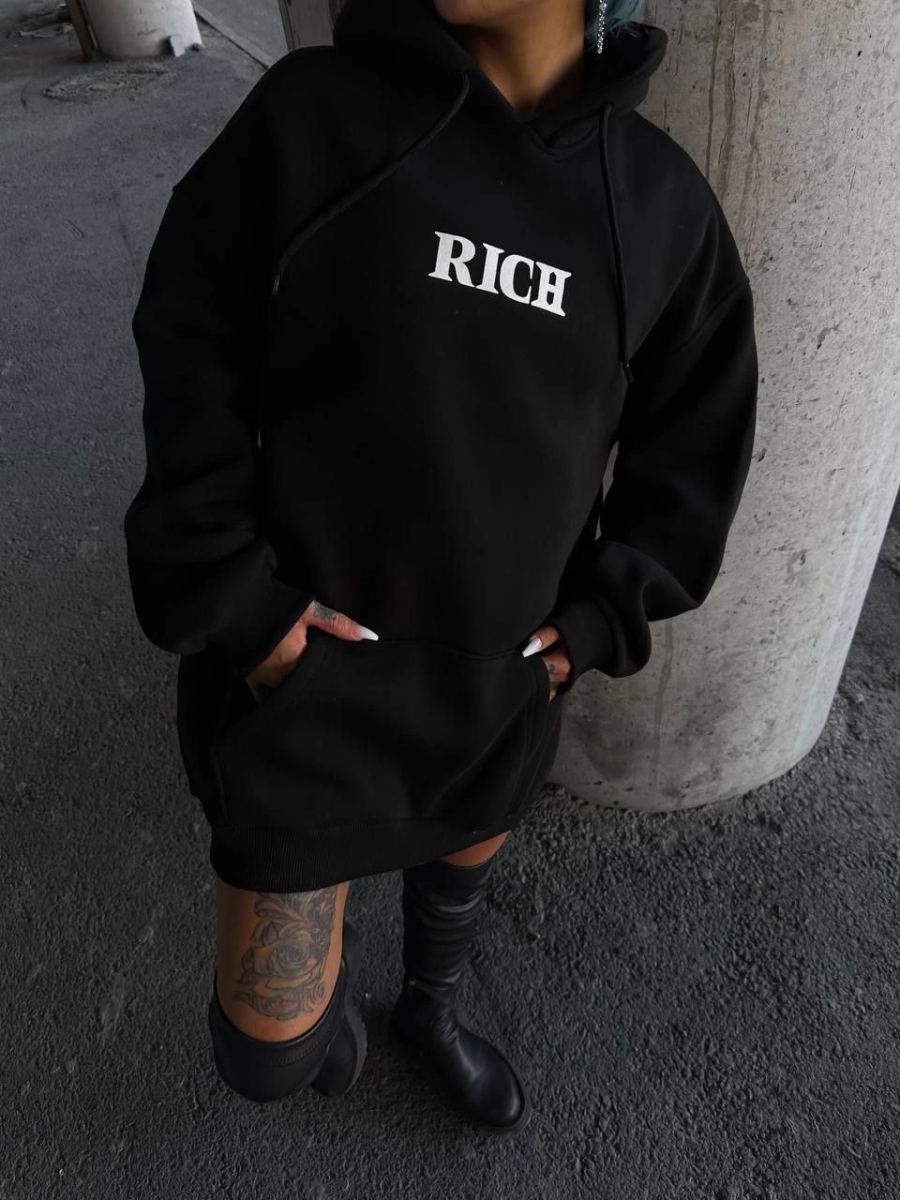 Kadın Kapüşonlu Kanguru Cepli Sweatshirt 3 İplik Pamuklu Baskılı Hoodie - Siyah