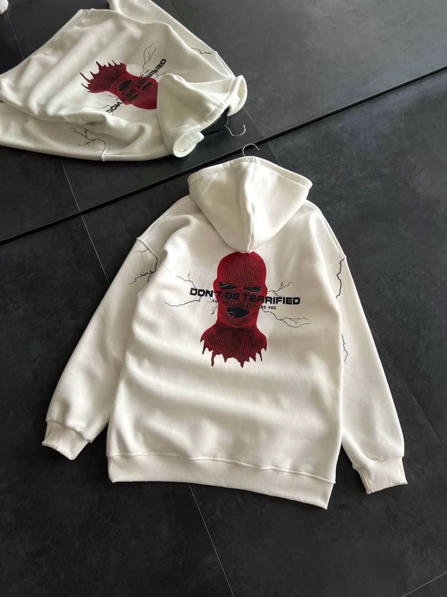 Kadın Kapüşonlu Kanguru Cepli Sweatshirt 3 İplik Pamuklu Baskılı Hoodie - Beyaz