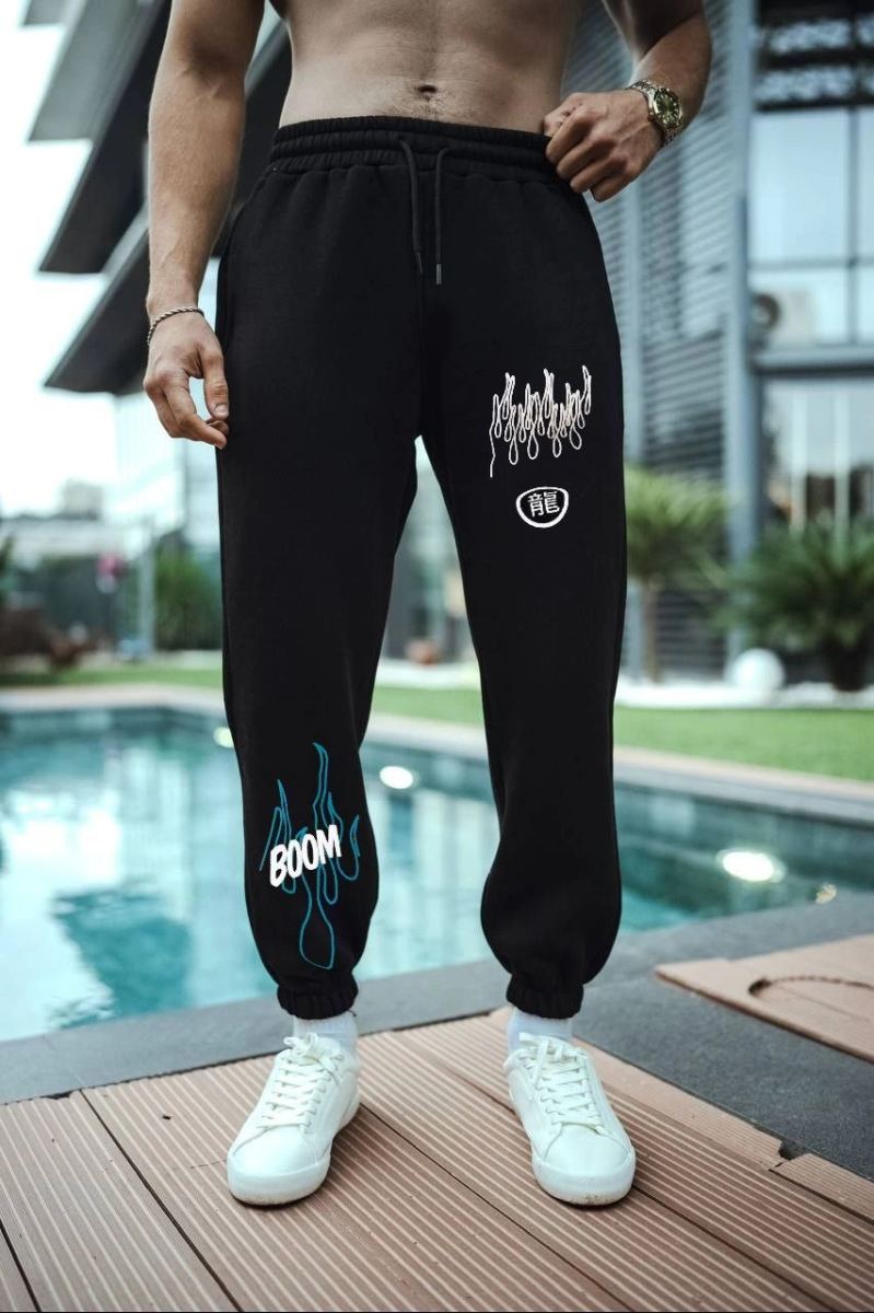 Erkek Kışlık Üç İplik Baskılı Eşofman Pantolon - Siyah
