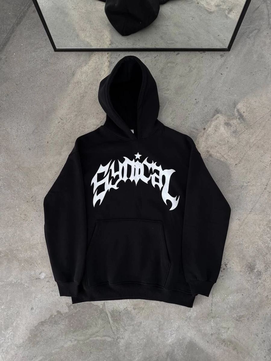 Kadın Kapüşonlu Kanguru Cepli Sweatshirt 3 İplik Pamuklu Baskılı Hoodie -  Siyah