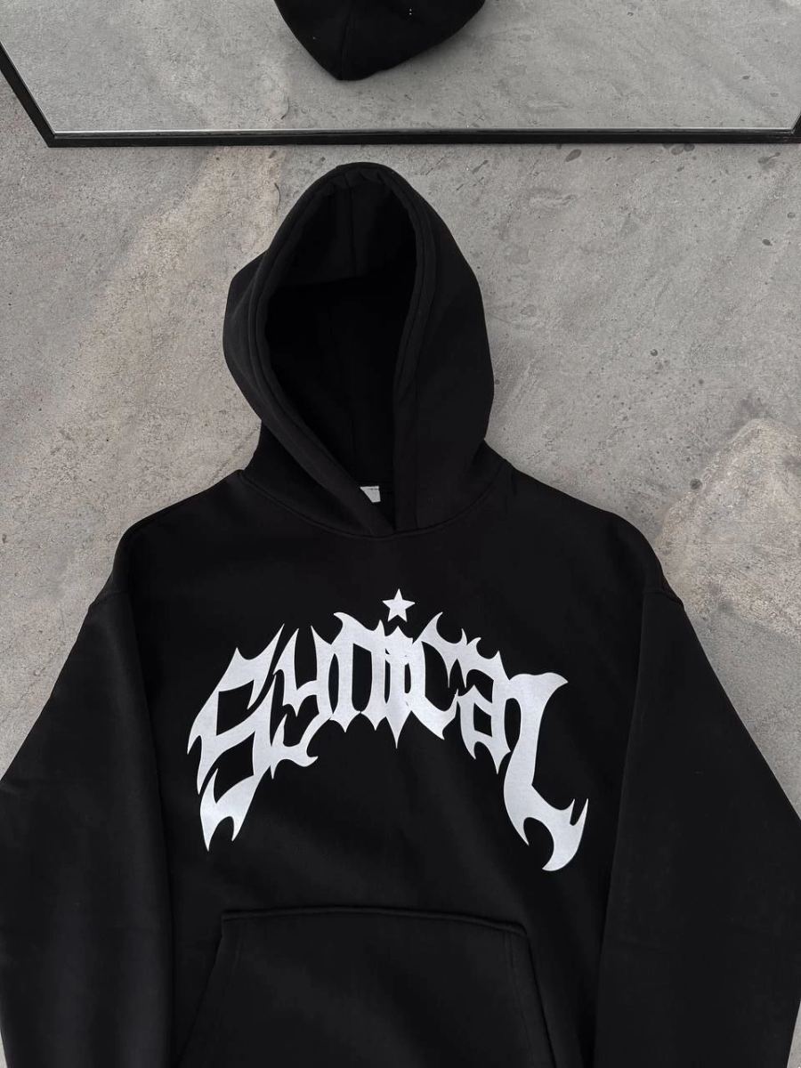 Kadın Kapüşonlu Kanguru Cepli Sweatshirt 3 İplik Pamuklu Baskılı Hoodie -  Siyah