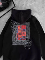 Erkek Kapüşonlu Kanguru Cepli Sweatshirt 3 İplik Pamuklu Baskılı Hoodie - Siyah